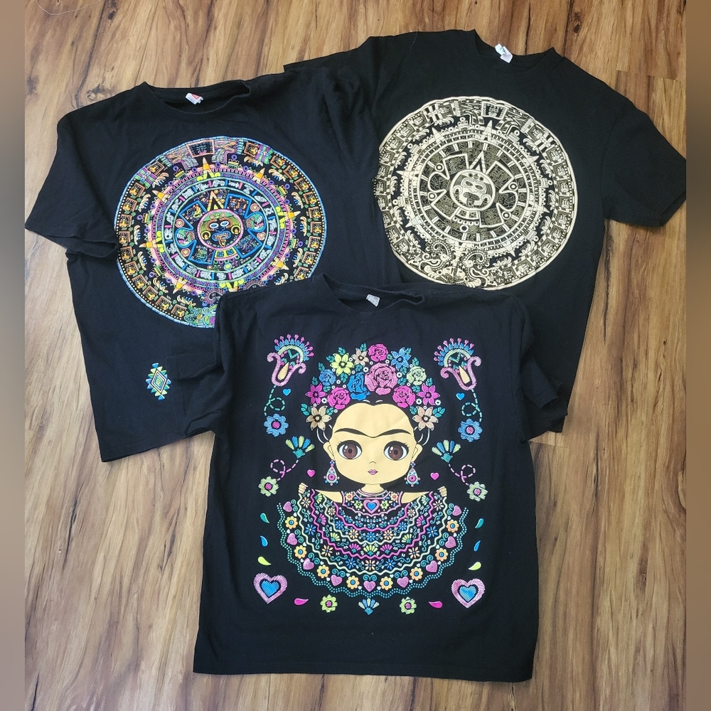 Lot Of 3 Vintage Mexican,Aztec,Tribal Shirts,Womens XL, 100% Cotton, Two-Sided